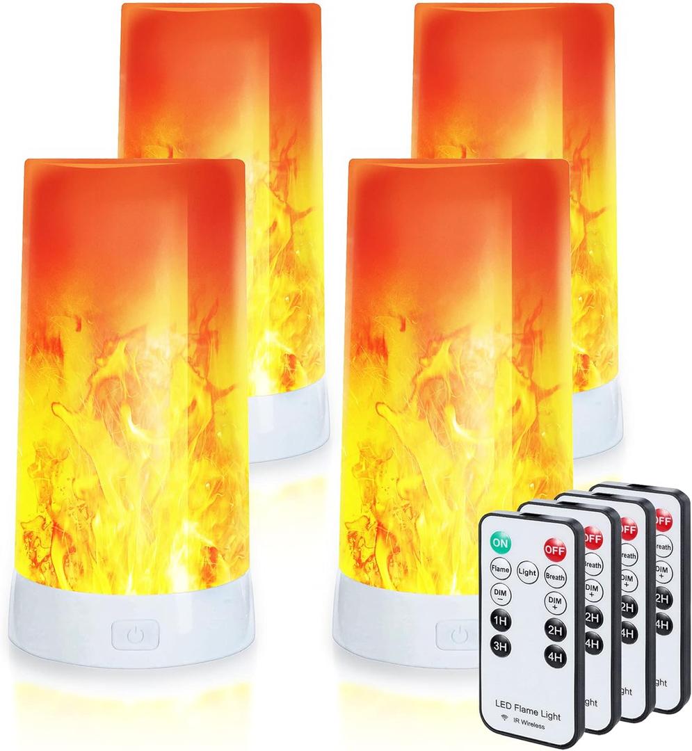 4X LED Flame Effect Light , USB Rechargeable 4 Modes Flickering Flame Candle Lantern with Remote Timer Gravity Sensing Effect Magnetic Base Waterproof Dimmable Outdoor Hanging Lamps Camping (Yellow)