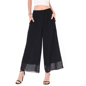 heipeiwa Women's Capris Crop Chiffon Pants Summer Beach Vacation Culottes Casual Dress Wide Leg Palazzo Pants Black, Size: XXS