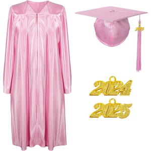 Unisex Shiny Graduation Cap Gown 2024 2025 Year Charm Tassel Set for Middle High School and Bachelor (45, Pink)
