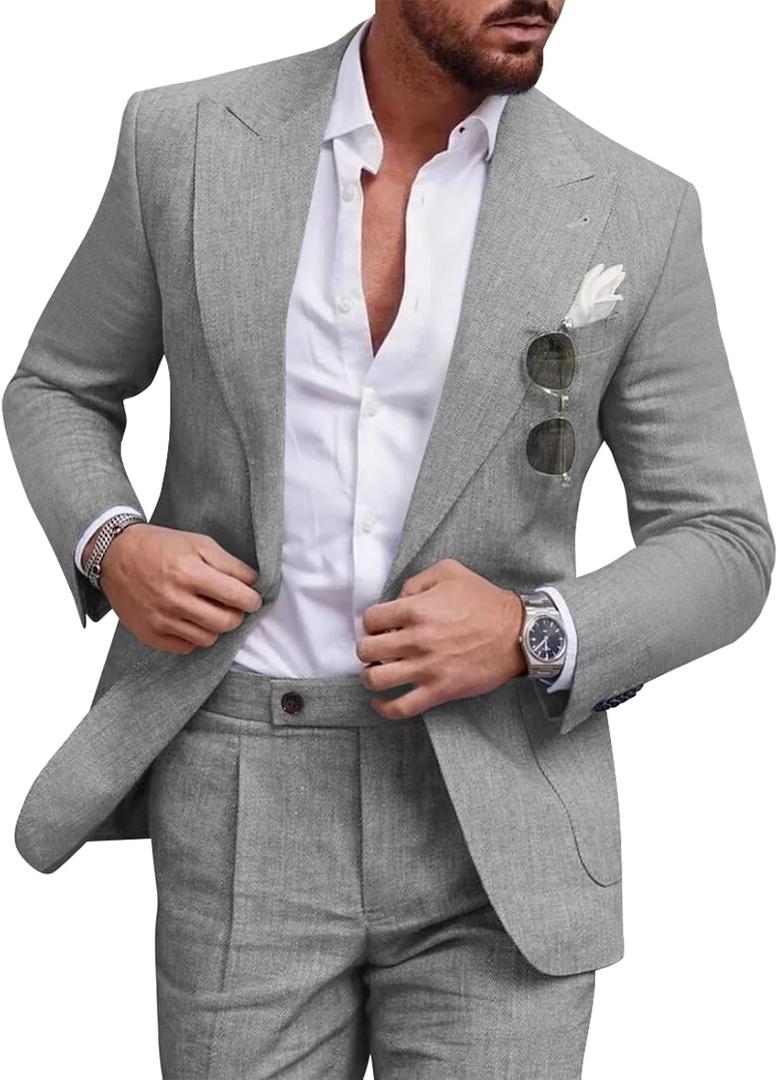 Linen Men Suit Set Casual Tuxedo 2 Piece Regular Fit Blazer One Button Solid Jacket and Pants for Prom Wedding Party (Gray, L)