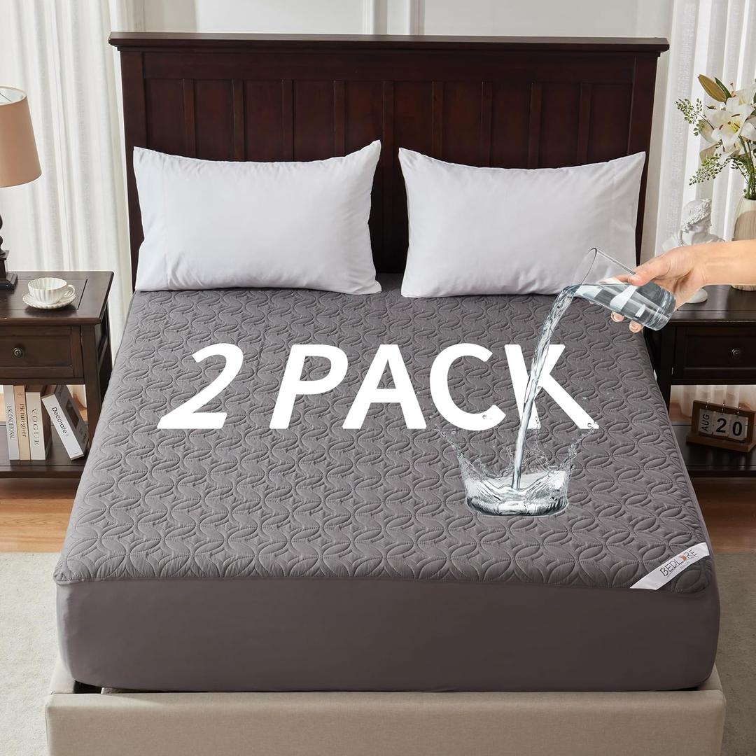 BEDLORE 2 Pack Waterproof Mattress Protector, Twin XL Size Mattress Pad with Deep Pocket 6"-15" Depth, Soft Breathable Bed Mattress Cover for Bedroom, College Dorm (Gray)
