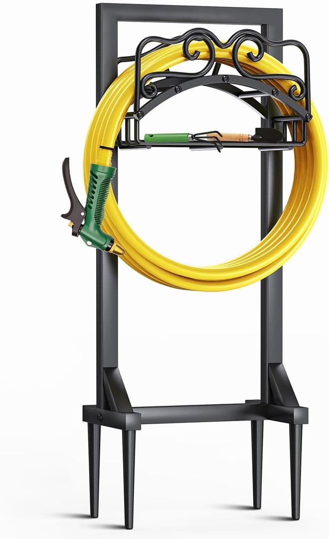 Garden Hose Holder, Heavy Duty Metal Water Hose Holder with 4 Spikes Outdoor Freestanding Hose Hanger Detachable Sturdy Hose Stand Holds 150-feet Hose, Garden Hose Storage Rack for Outside Yard Lawn