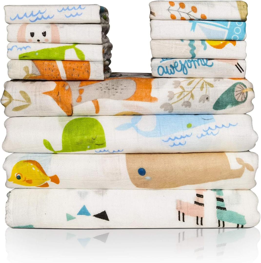 Omilion Baby Swaddle Blanket and Washcloths Set,12 Pieces Muslin Cotton Baby Swaddle Wrap and Wash Cloths Unisex for Boys and Girls, 4 Pack for 40 x 40 Inches and 8 Pack for 8 x 10 Inches (Animal Friends)