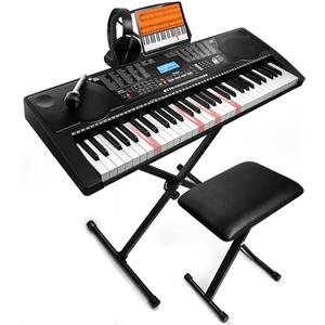 JIKADA 61 Key Portable Electronic Keyboard Piano,3 Teaching Modes | Electric Keyboard Piano Set w/Lighted Keys, Stand, Stool,LCD Screen, Built-In Speakers, Headphones, Microphone, Note Stickers(missing the microphone and headphones, the keyboard does