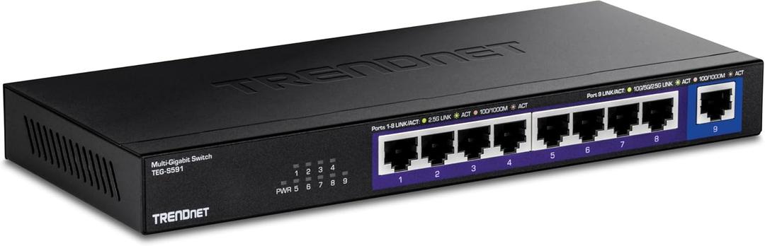 TRENDnet 9-Port Multi-Gig Switch, TEG-S591, 8 x 2.5G RJ-45 Ports, 1 x 10G RJ-45 Port, 60Gbps Switching Capacity, Ethernet Splitter, NDAA & TAA Compliant, Lifetime Protection, Black
