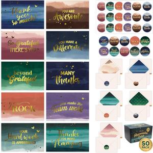 Decorably 50 Pack Gold Foiled 6x4in Employee Appreciation Cards with Envelopes and Stickers, 10 Designs Folded Employee Thank You Cards for Employees, Blank Inside - Promotion, Work Anniversary