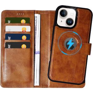 2 in 1 PU Leather for iPhone 14 Plus/15 Plus Case, Detachable Wallet Case with Card Holder, Removable Flip Folio Cover with RFID Blocking, Stand Shockproof Phone CoverCompatible with MagSafe Brown