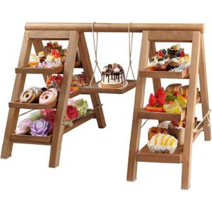 3 Tier Ladder Wooden Cupcake Stand Set with Swing, Removable Trays and Foldable Decorative Tray, Dessert Table Display Set, Platter Tray for Food Display at Party, Baby Shower, Wedding, Large