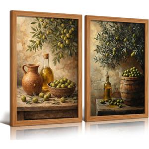 RQDJH 2Pcs Wood Framed Retro Olive Kitchen Wall Art, 16x24 Inch