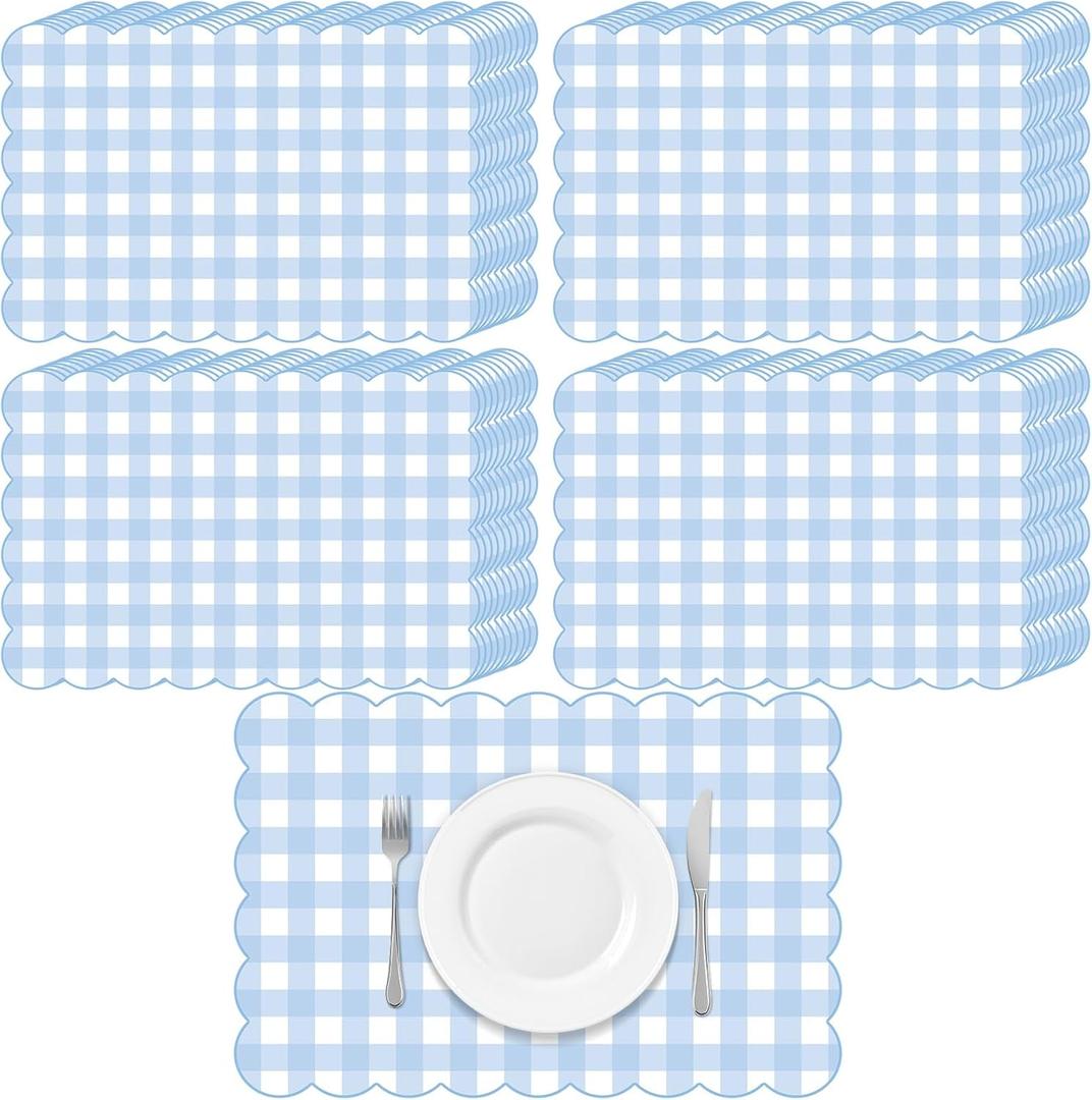60 Pcs Blue Gingham Party Supplies Gift Disposable Scalloped Table Placemat 17.7 X11.8 Inch Decorative Paper Mats Bulk for Table Setting Dining Wedding Christmas Bridal Baby Shower