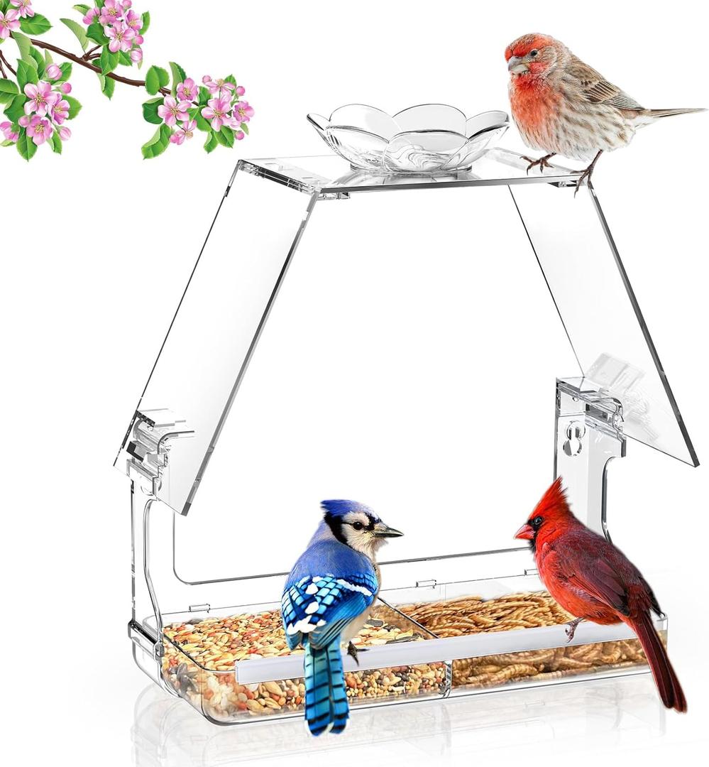 Window Bird Feeder with Non-Marking Self-Adhesive Hooks, Clear and Transparent, Outdoor Wild Bird Watching Gift, Garden Decor (House)