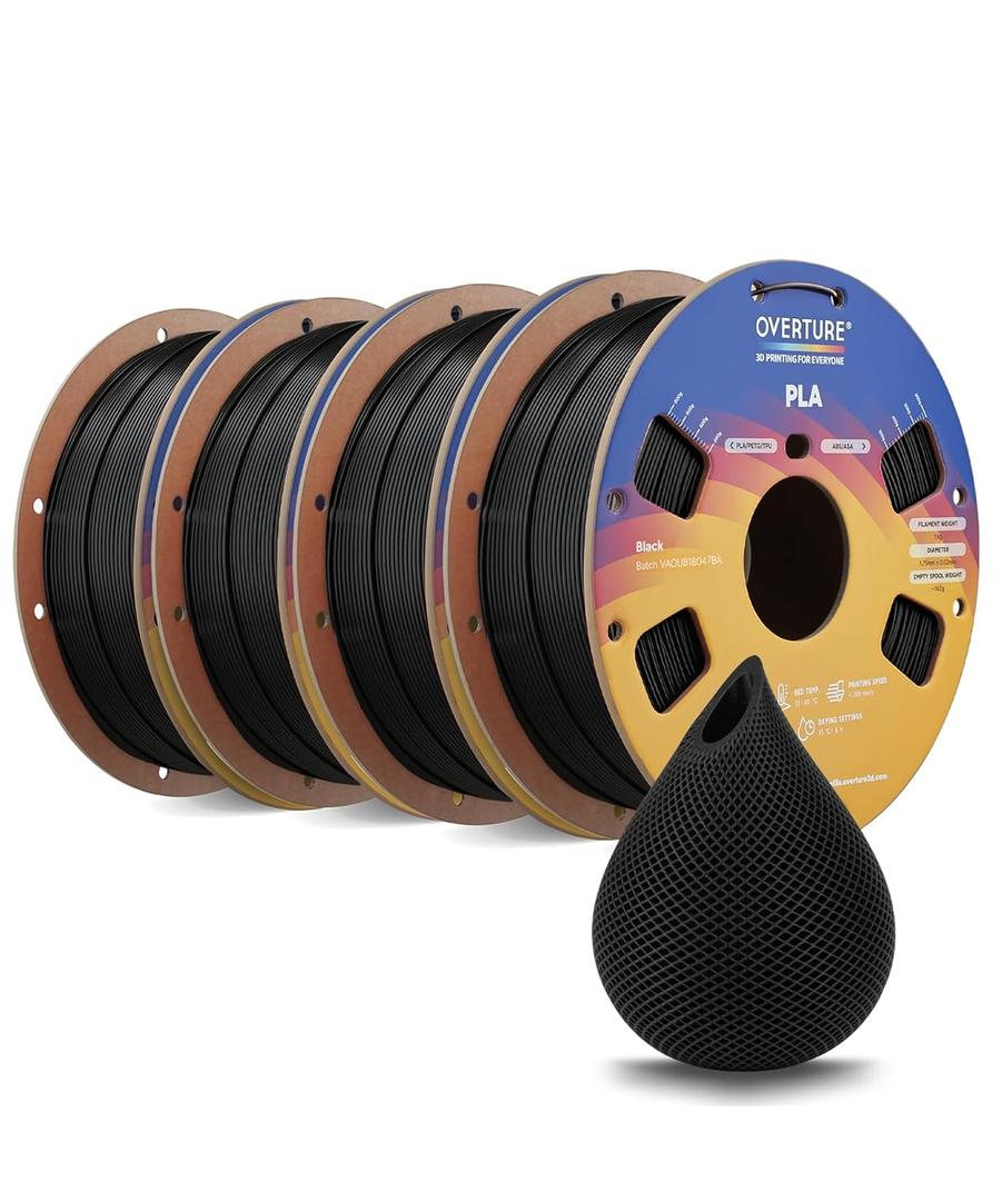 OVERTURE 4KG Bundle PLA Filament 1.75mm, Neatly Wound 3D Printer Filament 4 Pack 1kg Spool (2.2lbs), Dimensional Accuracy +/- 0.02 mm, Fit Most FDM 3D Printers (Black 4-Pack)