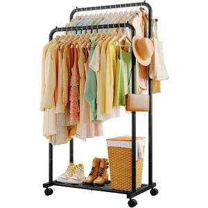Sakugi Clothes Rack - Double Rods Clothing Rack with Mesh Shelf, Hooks & Wheels, Metal Clothing Racks for Hanging Clothes & Bags, Multifunctional Garment Rack for Laundry, Black, 28.7" x 16.5" x 59.1"