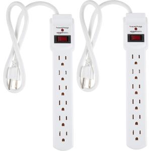 Amazon Basics Surge Protector Power Strip, 6-Outlet with 200J Protection, 2ft Extension Cord, Rectangle, White (2 Pack)