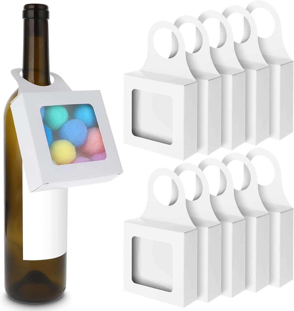 Sibba Paper Wine Bottle Box 10 Pcs Package With Window Handles Hanging Foldable Gift Wine Accessory Sets Folding White Bags for Kitchen Dining Engagement Christmas Mother's Day