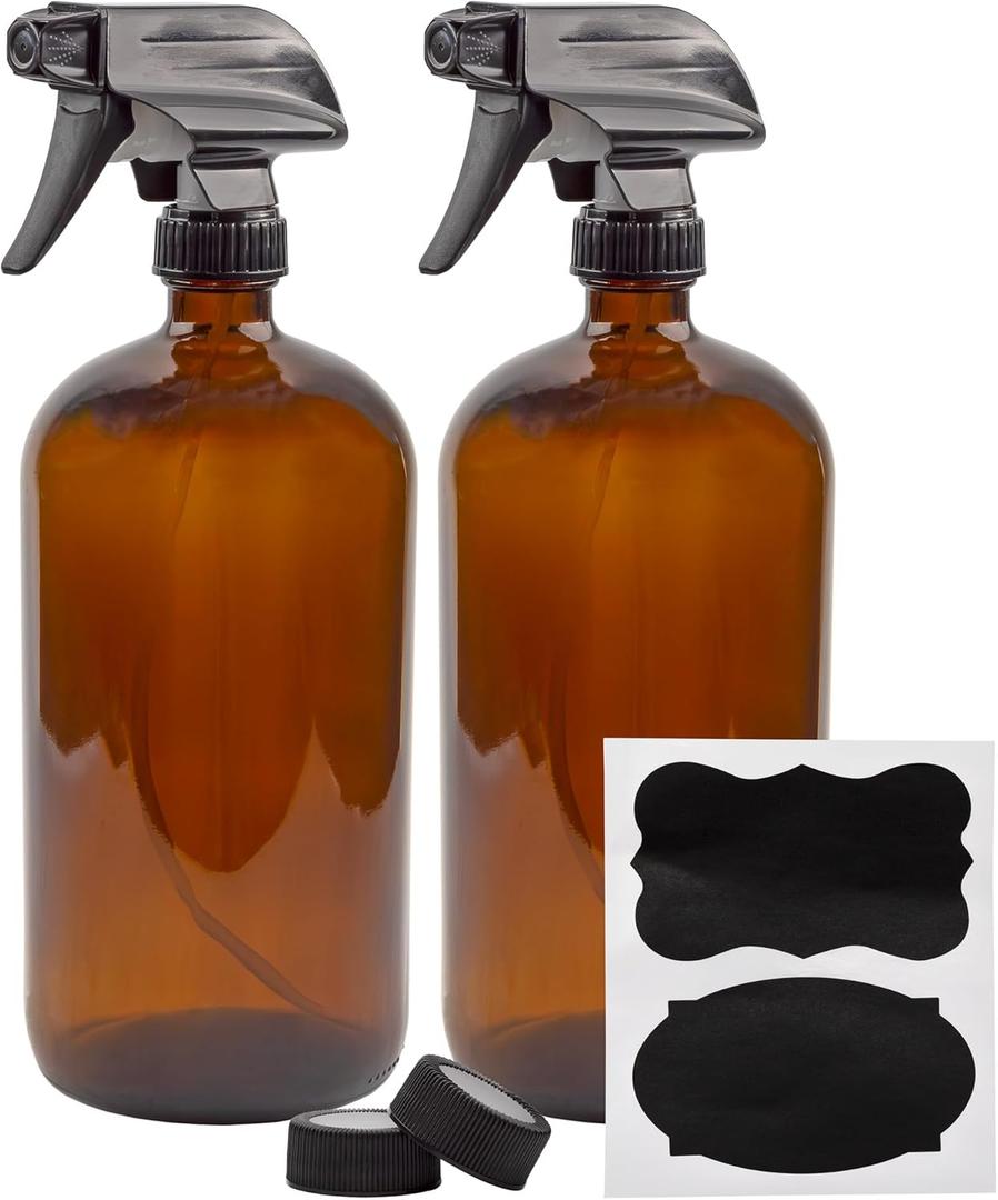 Cornucopia Brands 32oz Amber Glass Spray Bottles (Pack of 2) Brown Bottles w/ 3Setting Trigger Sprayers; Includes Caps for Storage