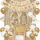 Trgowaul 30th Birthday Decorations for Women, Banner, Sash and Crown, Cake Topper, 30 Number Balloon, Fringe Curtains, Champagne Gold 30th Birthday Party Supplies
