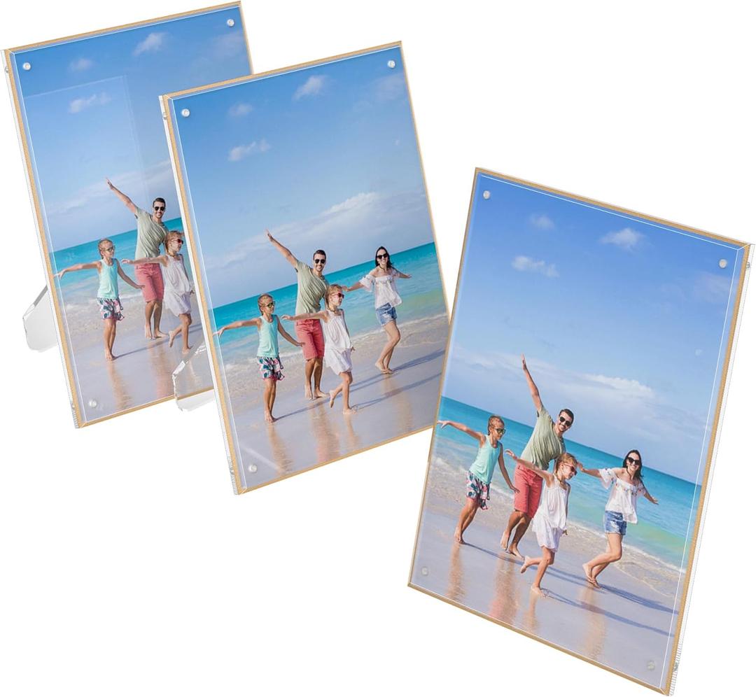 Clear 8 x 10 Inch Picture Frame with Gold Edge Pack of 3, Acrylic Picture Frame for Wedding, Family, Pet, Graduation photo, Menu Holder, Advertising Sign Dislay Holder