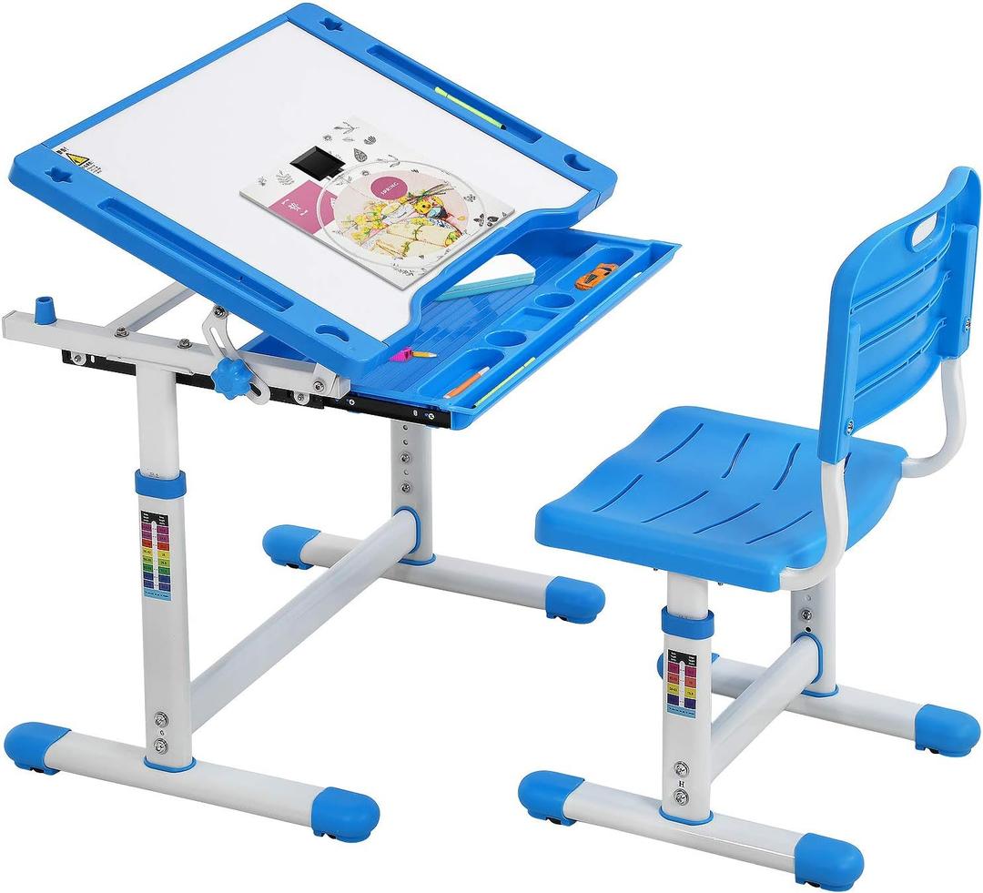 FDW Kids Desk and Chair Set, Height Adjustable Multifunctional Student Study Desk Kids Art Table Children's Chair Set with Storage Drawer 45Tilted Desktop for Boys&Girls,Blue (Blue)