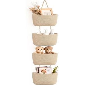 Dahey Over The Door Hanging Basket 4-Tier Woven Boho Wall Mounted Storage Organizer with Hooks for Bedroom Nursery Bathroom Apartments Dorm Pantry Decor, Jute
