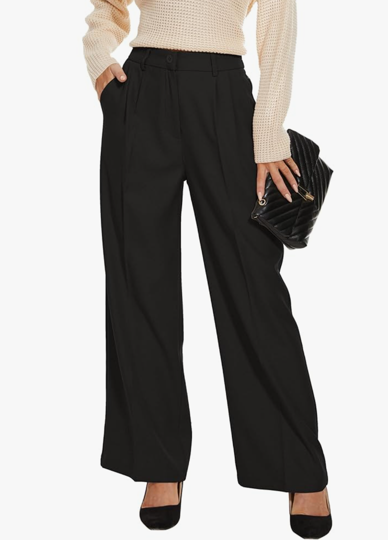 FUNYYZO Wide Leg Pants Women's High Elastic Waisted in The Back Business Work Trousers Long Straight Suit Pants S
