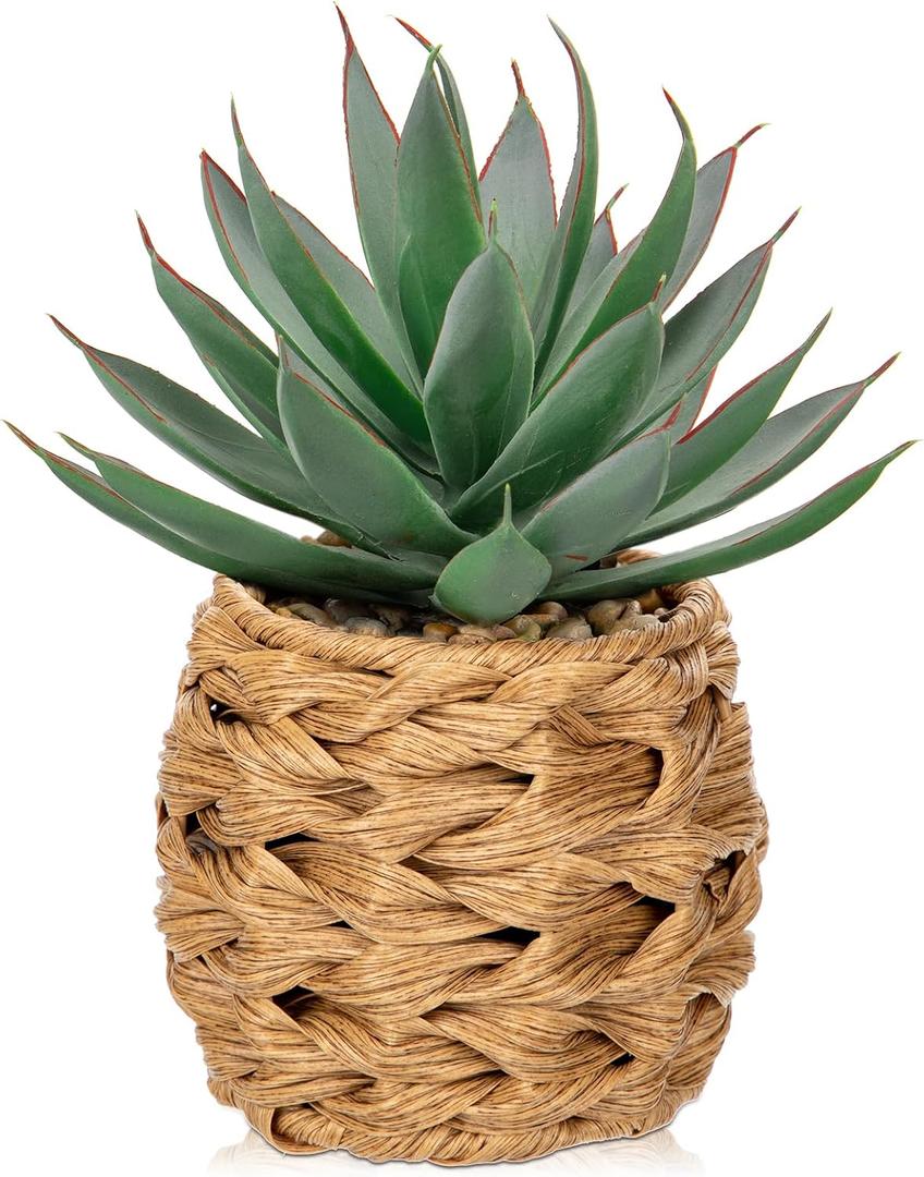 Briful Succulents Plants Artificial for Home Decor, Realistic Potted Fake Agave Plant in Wicker Basket, Cute Aloe Maguey Faux Plant, Shelf Tables Decor, Modern Farmhouse Home Decorations