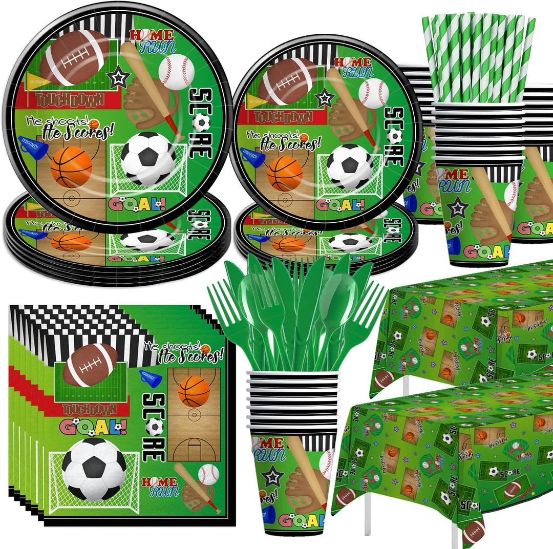 Xigejob Sports Theme Birthday Party Supplies Tableware, Sports Party Decorations, Plates, Cups, Napkins, Tablecloth, Cutlery, Straws, Soccer Basketball Baseball Football Theme Dinnerware | Serve 24