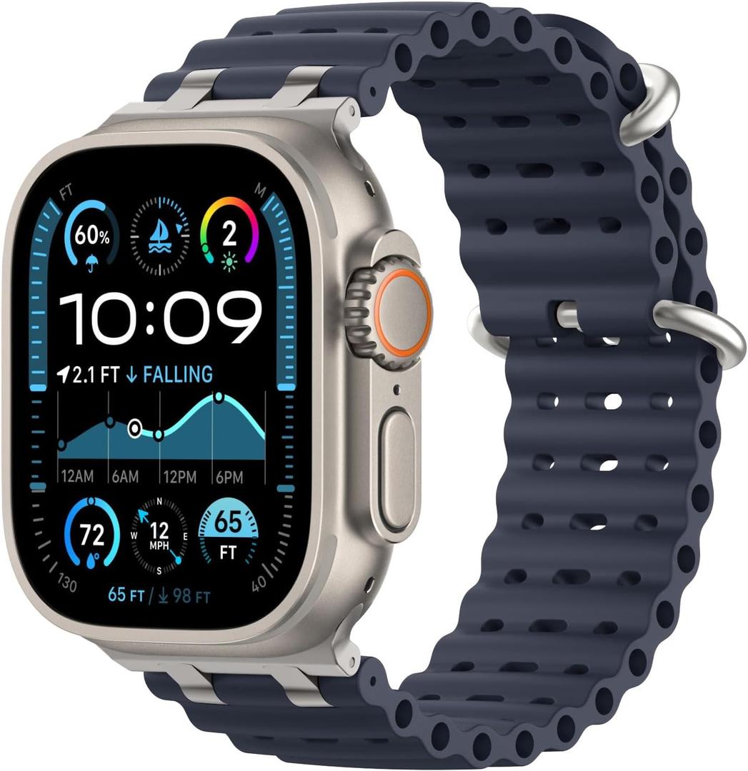 Upgraded Ocean Band Compatible with Apple Watch Ultra 3/2/1 49mm, S11/S10 46mm, 9/8/7 45mm, SE3/SE2/SE/6/5/4 44mm, 3/2/1 42mm, Metal Connector Breathable Sport Watch Strap for Men Women (Regular, Silver/Navy Blue)