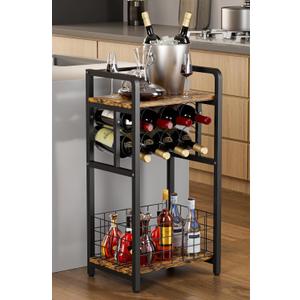 3-Tier Wine Rack Freestanding Floor with Wood Top, Liquor Stand with Wine Bottle Holder, Corner Wine Bar Table for Small Space, Metal Whiskey Shlef for Kitchen, Cellar, Living Room, Black, Full Size