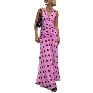 Alyweatry Women Polka Dot Halter Maxi Dress Y2k Sleeveless Deep V Neck Flowy Summer Vacation Beach Sundress (Pink, Large)