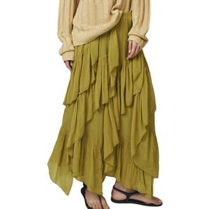 Wyeysyt Women's Ruffle Maxi Skirt Flowy Long Layered Skirts A Line Tiered Trendy Skirt (Green, S)