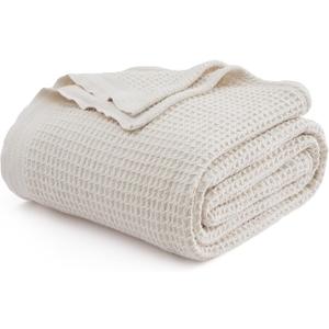 Bedsure 100% Cotton Blanket King Size for Bed - Breathable and Soft, Waffle Weave Blanket for Summer Spring, Light Beige, 104x90 inches (King (104" x 90"), 00 - Light Beige)