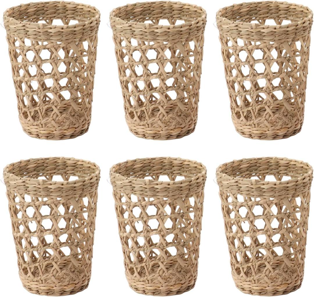 6 PCS Wicker Woven Cup Holders Anti Scald Hollow Handmade Straw Woven Glass Drink Cup Sleeve for Glass Bottles Plastic Cups Mugs Office Home Decor