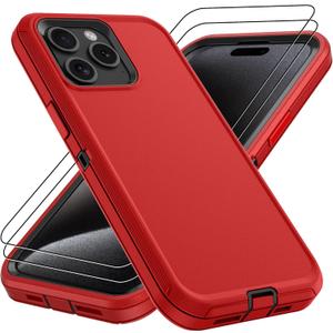 Pilaru for iPhone 15 Pro Max Case : iPhone 15 Pro Max Case with 2Pc Screen Protector, Shockproof/Dustproof/DropProof 14FT Military Grade Drop Protection Protective Case for iPhone 15 Pro Max-Red