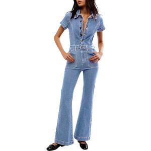 Qazel Vorrlon Denim Jumpsuit for Women Flare Wide Leg Blue Jean Jumper Short Sleeve Button Stretch Long Romper Pant 14