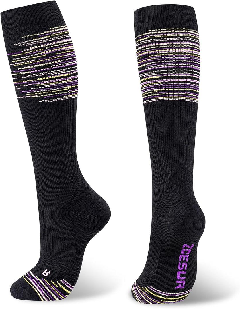 Knee High Compression Socks for Women & Men 20-30mmHg Nurses, Pregnancy, Travel, Running (Large-X-Large, Black/Purple/Colorful Stripes)