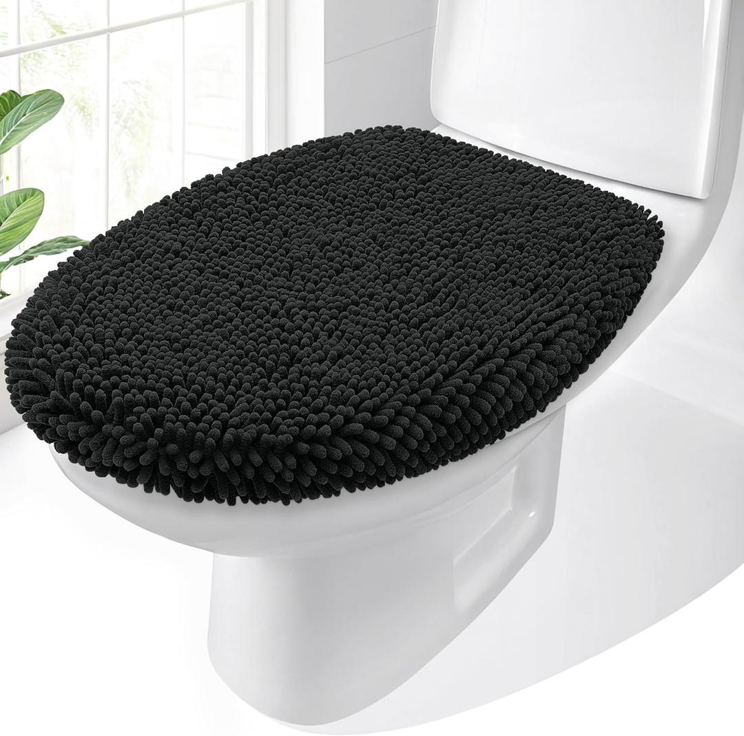 OLANLY Soft Chenille Bathroom Toilet Lid Cover, Machine Washable Seat Covers, 17.5x15, Stays in Place Rubber Backing, Fits Most Round, Elongated and Oblong Lids, Accessories Decor, Black