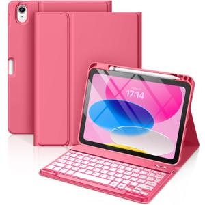 Hamile for iPad 11th 10th Generation Case with Keyboard - 7 Colors Backlit Wireless Detachable Folio Keyboard Cover with Pencil Holder for iPad 11-inch A16 2025 10th Gen 10.9 Inch 2022 (Pink)