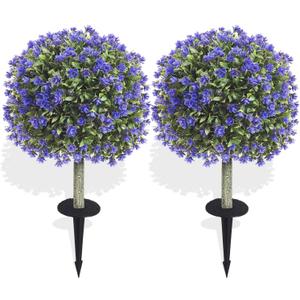 Artificial Boxwood Topiary Ball Trees with Purple Rose, 2 Set of 19'' UV Resistant Fake Evergreen Shrubs Bushes Plants with Ground Spike Fake Plants for Outdoor Indoor Front Porch Garden