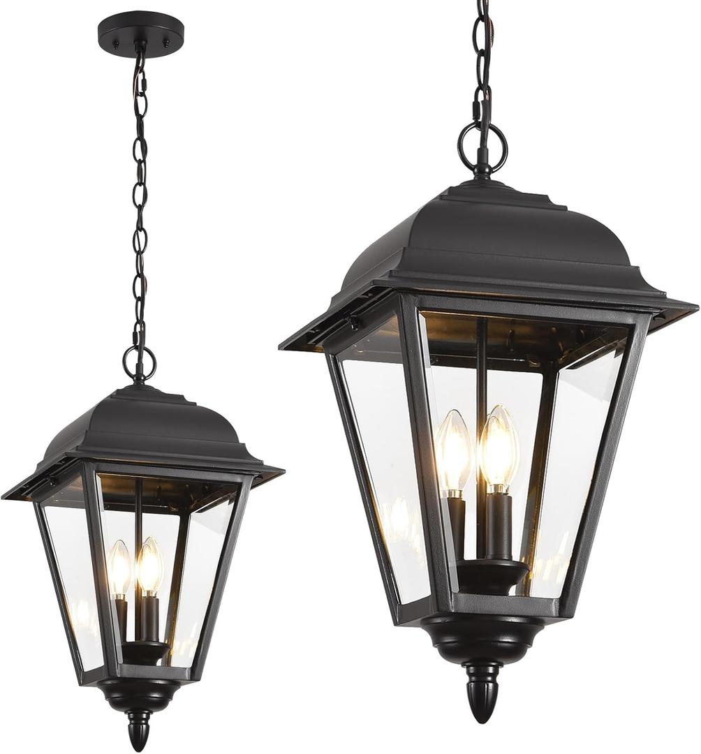 Outdoor Pendant Light, 3-Light Exterior Hanging Porch Light, Extra Large Outdoor Hanging Light Fixture with Clear Glass, Waterproof Black Outside Chandelier for House Front Door Farmhouse (A112-12)