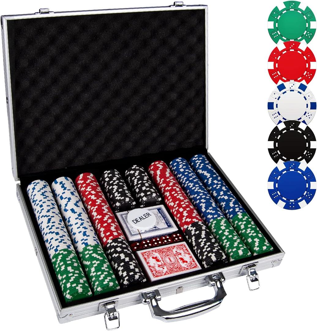 Poker Chips,500PCS Poker Chip Set with Aluminum Travel Case,11.5 Gram Poker Set for Texas Holdem Blackjack Gambling (Red Green Black White Blue)