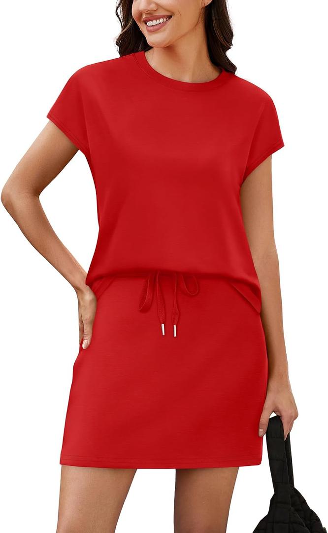 Sampeel Two Piece Skirt Sets for Women Summer Resort Wear Outfits Crew Neck Cap Sleeve Tops Tennis Skort with Pockets (L)