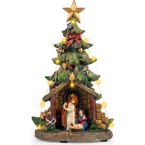 12'' Christmas Tree Lighted Manger Nativity Scene, Musical Holy Family Figurines LED Light Play Silent Night Music, Battery & USB Home Decor Gifts Festive Holiday Decorations