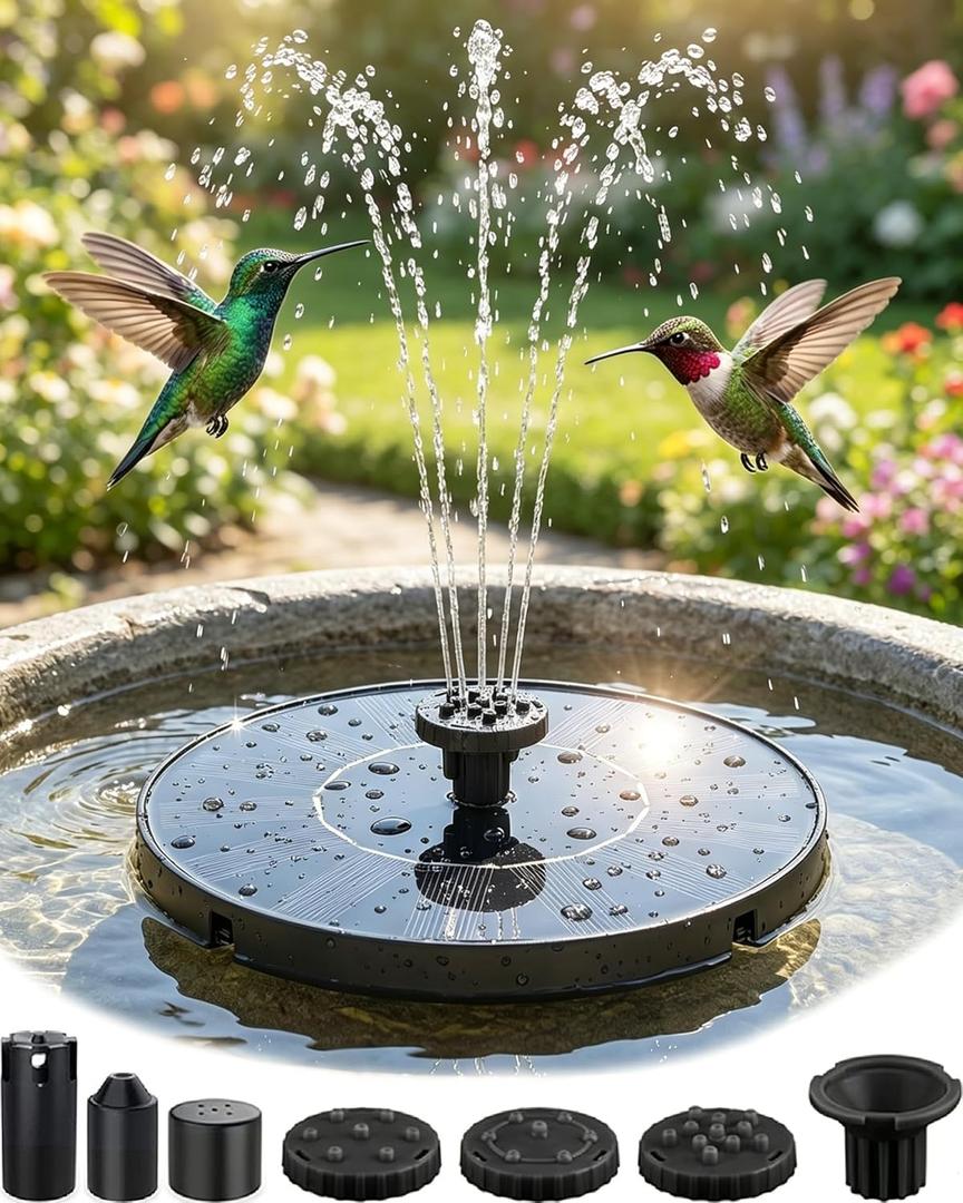 Solar Fountain for Bird Bath, 2026 Upgrade 1.4W Solar Power Water Fountain Pump with 7 Nozzles, Free Standing Floating Powered Fountains for Garden, Pond, Pool, Birdbath (6.3 inch)