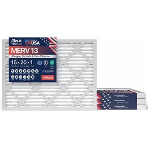 BNX TruFilter 15x20x1 Air Filter MERV 13 (4-Pack) - MADE IN USA - Electrostatic Pleated Air Conditioner HVAC AC Furnace Filters for Allergies, Pollen, Mold, Bacteria, Smoke, Allergen, MPR 1900 FPR 10
