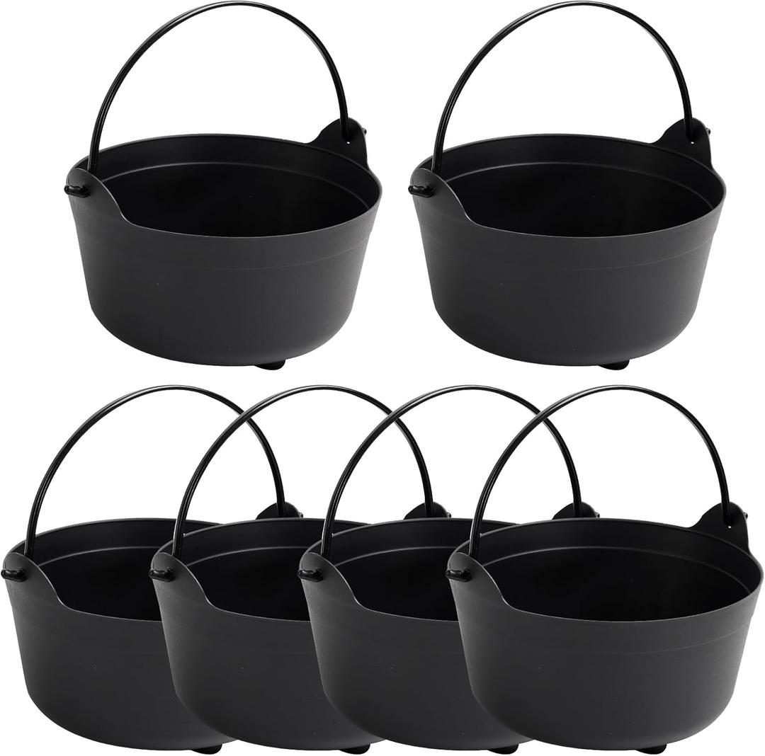 TFTAFAN 6 Pieces Halloween Black Cauldron,Halloween Witch Cauldron Pot Trick or Treat Candy Buckets Bulk,Jumbo Plastic Candy Basket Candy Bowl Holder for Halloween Party (Black, 9.5-Inch)