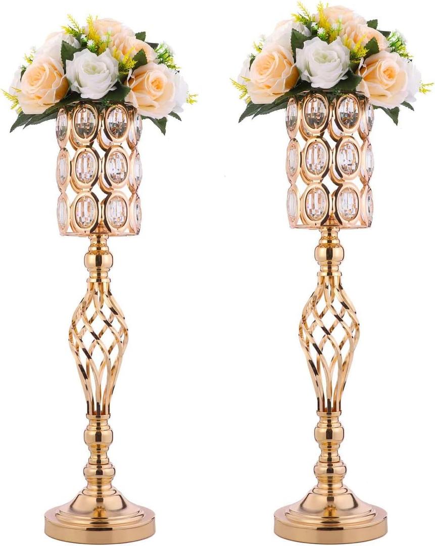 24in Metal Diamond Crystal Wedding Centerpiece Vases for Tables Set of 2, Gold Versatile Tall Flower Holders Centerpiece Flower Stands for Wedding Party Reception Dining Room Living Room Dcor (2 Pcs - Large)
