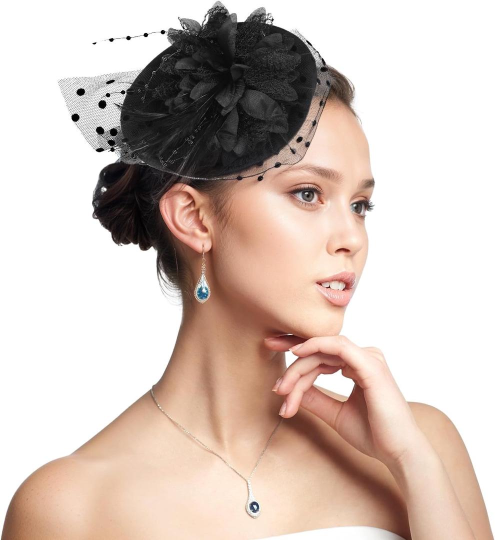 Mini Tea Party Hat for Women, Derby Fascinator Pillbox Hats Headwear Cocktail Mesh Feathers Hair Clip Derby Hat for Wedding Church Tea Party Black