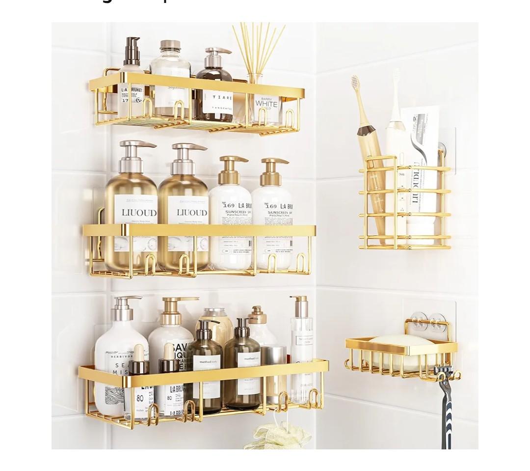 5 Pack Shower Caddy Organizer Rack Shelf for Inside Shower, Self Adhesive Wall Storage Basket Rustproof Stainless Steel Shampoo Holder Bathroom Accessory Decor Set, Gold