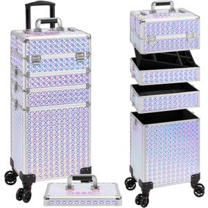 AROUS 5 in 1 Rolling Makeup Train Case Cosmetology Case on Wheels Large Cosmetic Organizer Travel Cart for Hairstylist Artist Nail Beauty Salon Barber,Silver